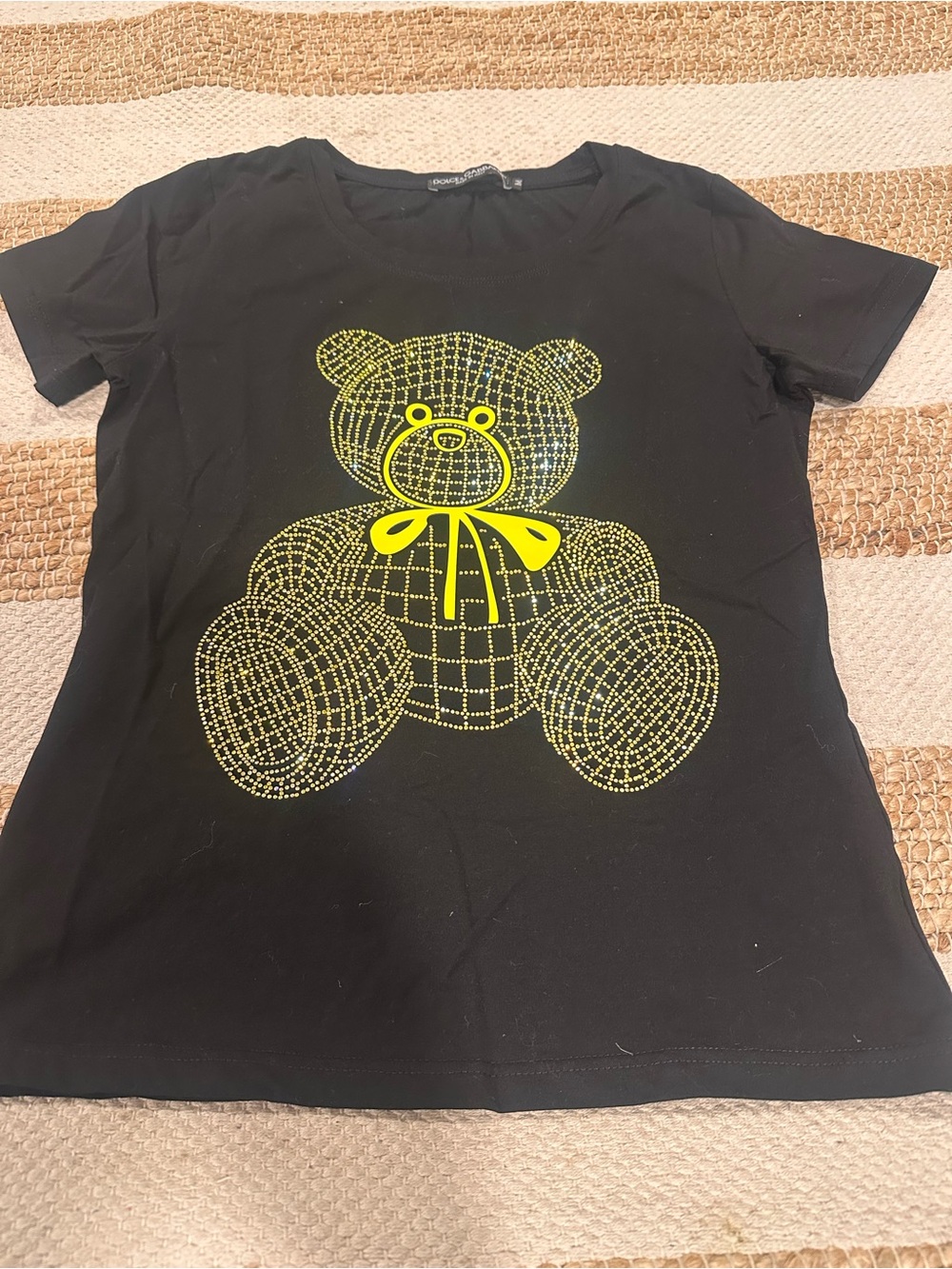 Dolce & Gabbana Black Tee with Neon Yellow Sparkly Teddy Bear Graphic-Size M